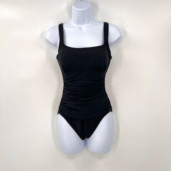 PROFILE BY GOTTEX One Piece Swimsuit Womens 8 Black Square Neck Ruched New - Picture 1 of 15